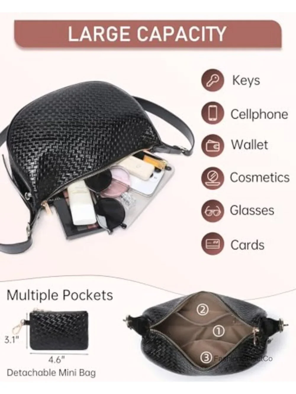 Woven Crescent Shoulder Bag 2PC Vegan Leather Hobo Crossbody Handbag with Small